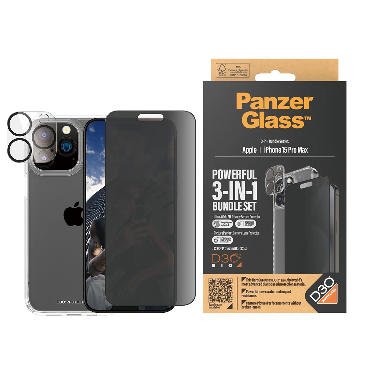 Zaštitini set 3u1 PanzerGlass iPhone 15 Pro Max Privacy slika proizvoda Front View L