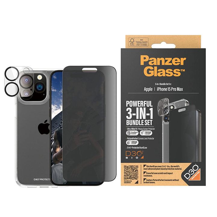 Zaštitini set 3u1 PanzerGlass iPhone 15 Pro Max Privacy slika proizvoda
