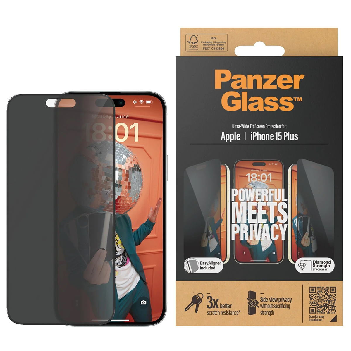 Zaštitno staklo PanzerGlass iPhone 15 Plus Privacy slika proizvoda Front View L