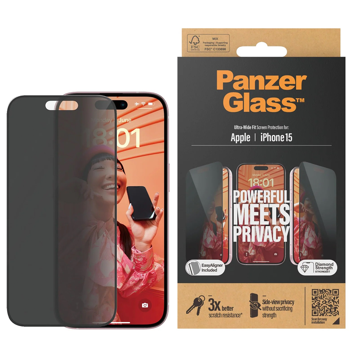 Zaštitno staklo PanzerGlass iPhone 15 Privacy slika proizvoda Front View L