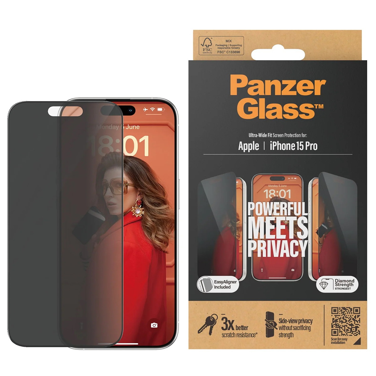 Zaštitno staklo PanzerGlass iPhone 15 Pro Privacy slika proizvoda Front View L