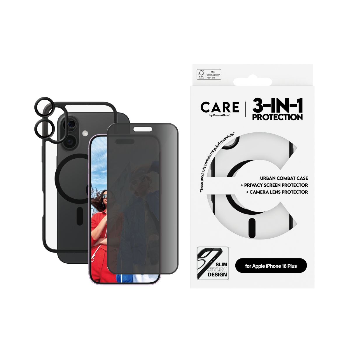 Set 3u1 PanzerGlass iPhone 16 Plus MagSafe Privacy Black slika proizvoda Front View L