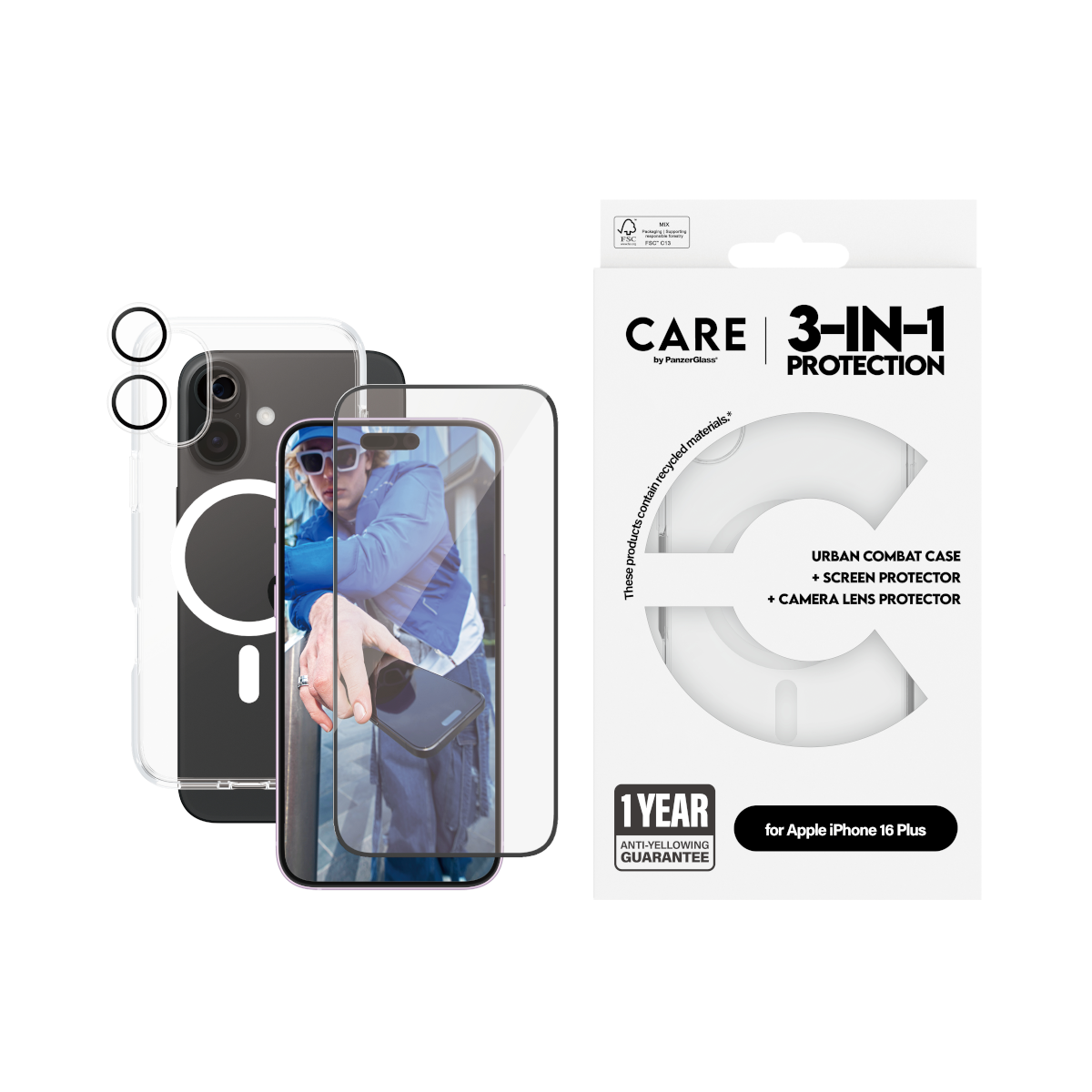 Set 3u1 PanzerGlass iPhone 16 Plus Magsafe White slika proizvoda Front View L