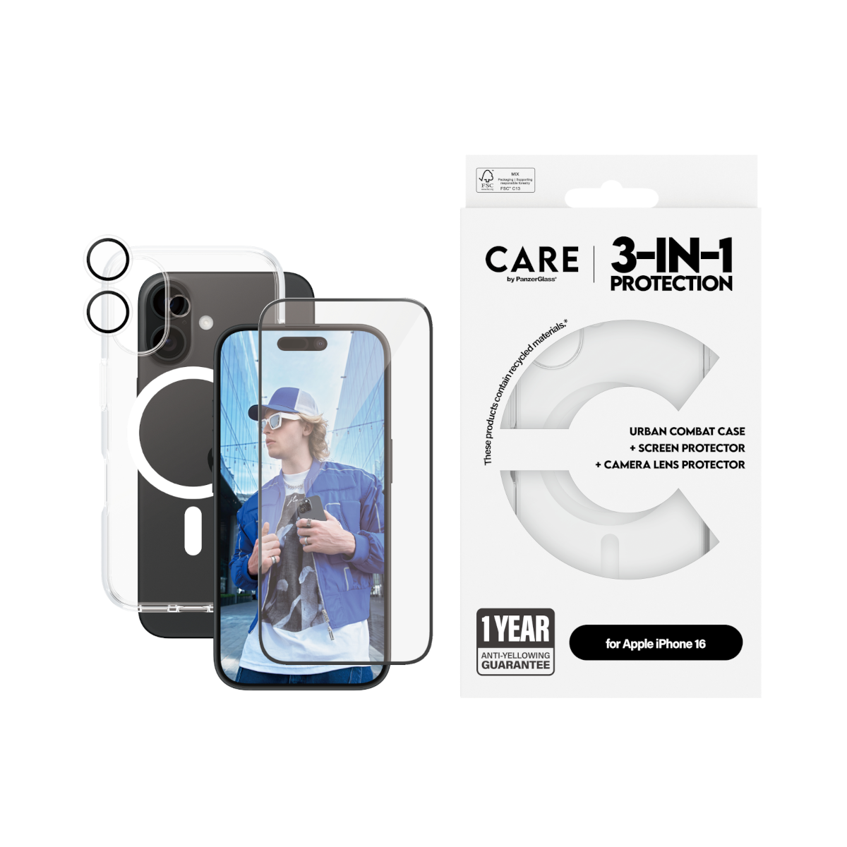 Set 3u1 PanzerGlass iPhone 16 MagSafe White slika proizvoda Front View L