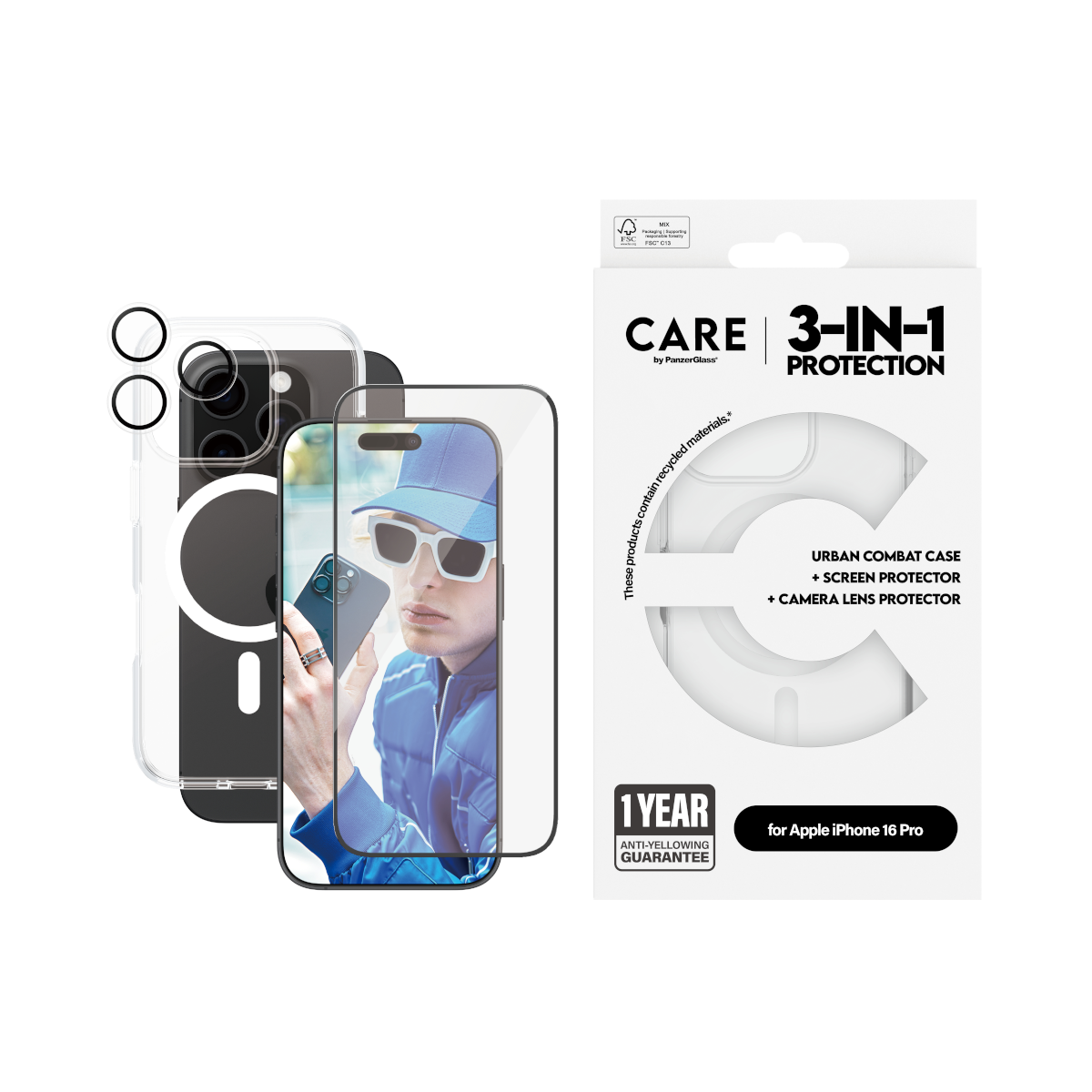 Set 3u1 PanzerGlass iPhone 16 Pro MagSafe White slika proizvoda Front View L