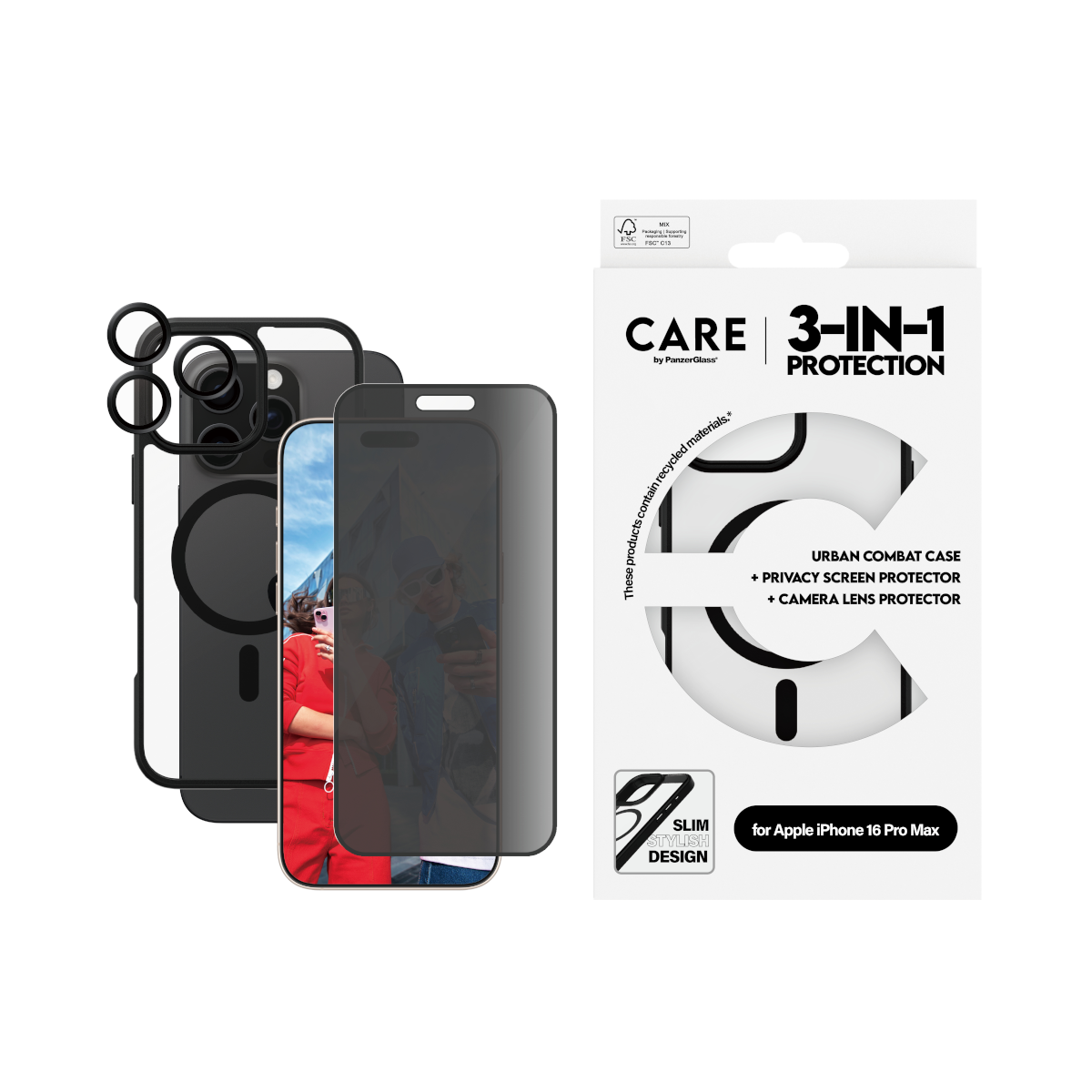 Set 3u1 PanzerGlass iPhone 16 Pro Max MagSafe Privacy Black slika proizvoda Front View L