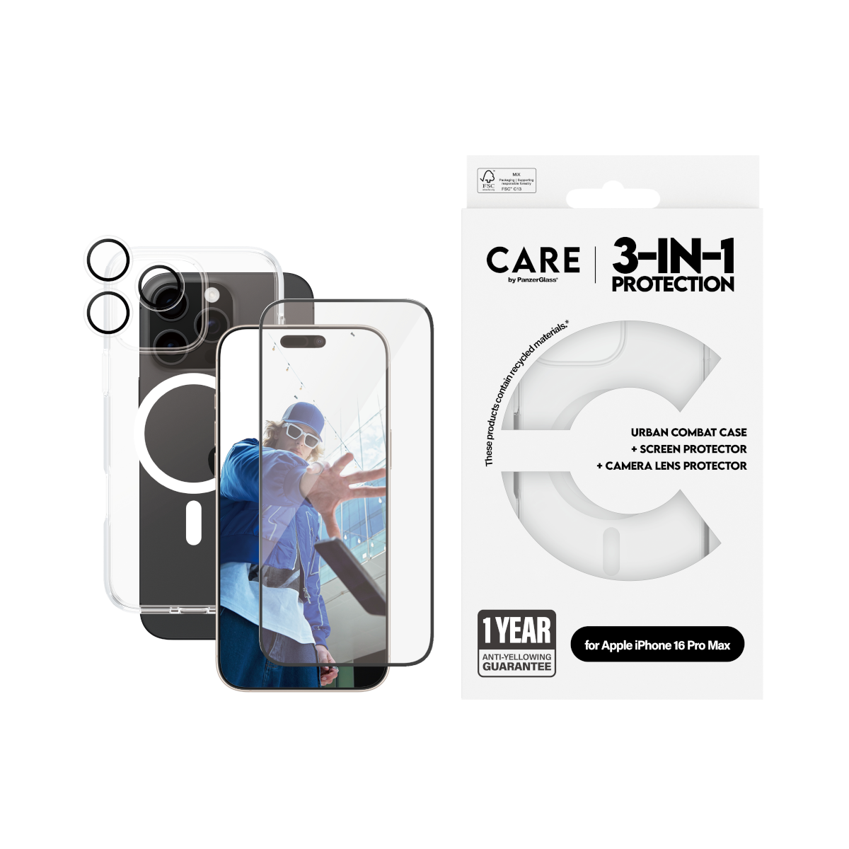 Set 3u1 PanzerGlass iPhone 16 Pro Max MagSafe White slika proizvoda Front View L